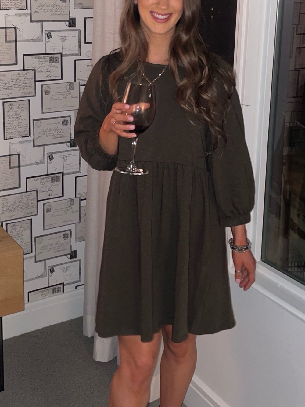 Women's Olive Puff-Sleeve Babydoll Dress